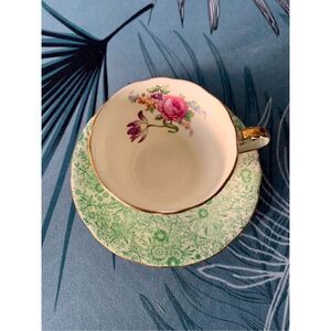 Aynsley Vintage Bone China England Green Gold Floral TEA CUP & SAUCER SET